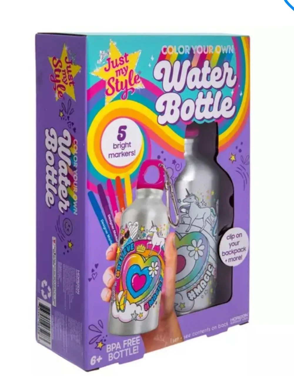 Just My Style Color-Your-Own Kids Water Bottle - Silver & Pink